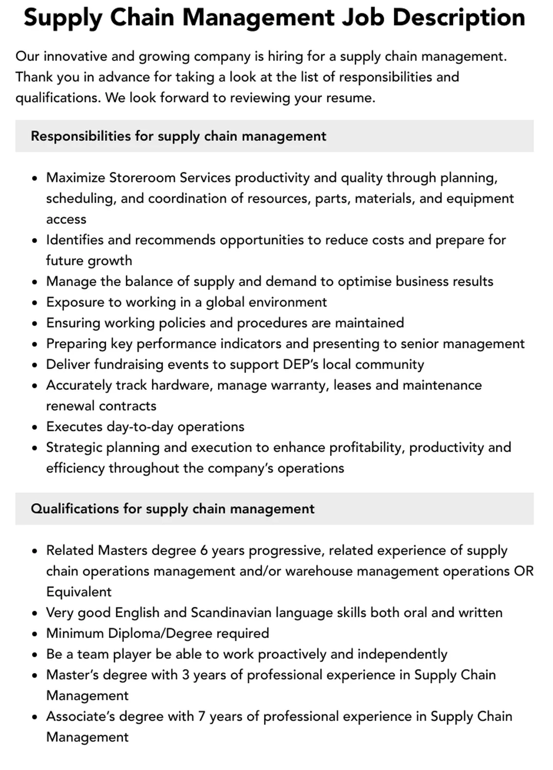 mẫu mô tả công việc cho supply chain management positions